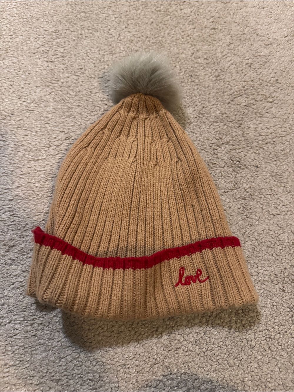 Women Tan Knit Pom Beanie with Red Accent and 'Love' Embroidery